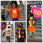 PIcture collage of students dressed up for Halloween: Mexican wrestler, construction worker, robot, and Harry Potter
