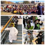 Picture collage of students on Halloween: sumo wrestler, two witches, a knight, and a group of students singing