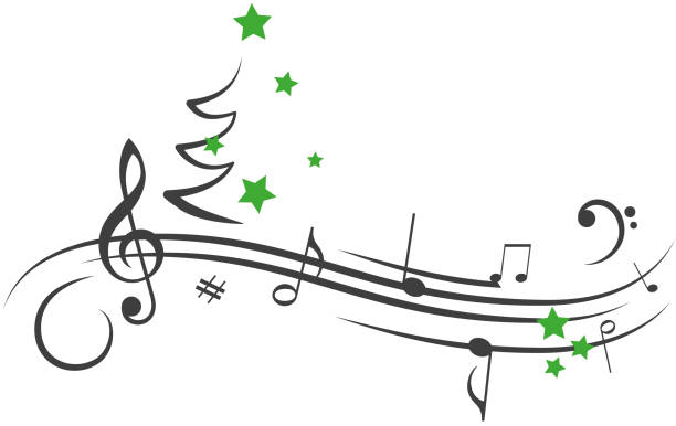 Image of music staff and notes with outline of a Christmas tree and green stars
