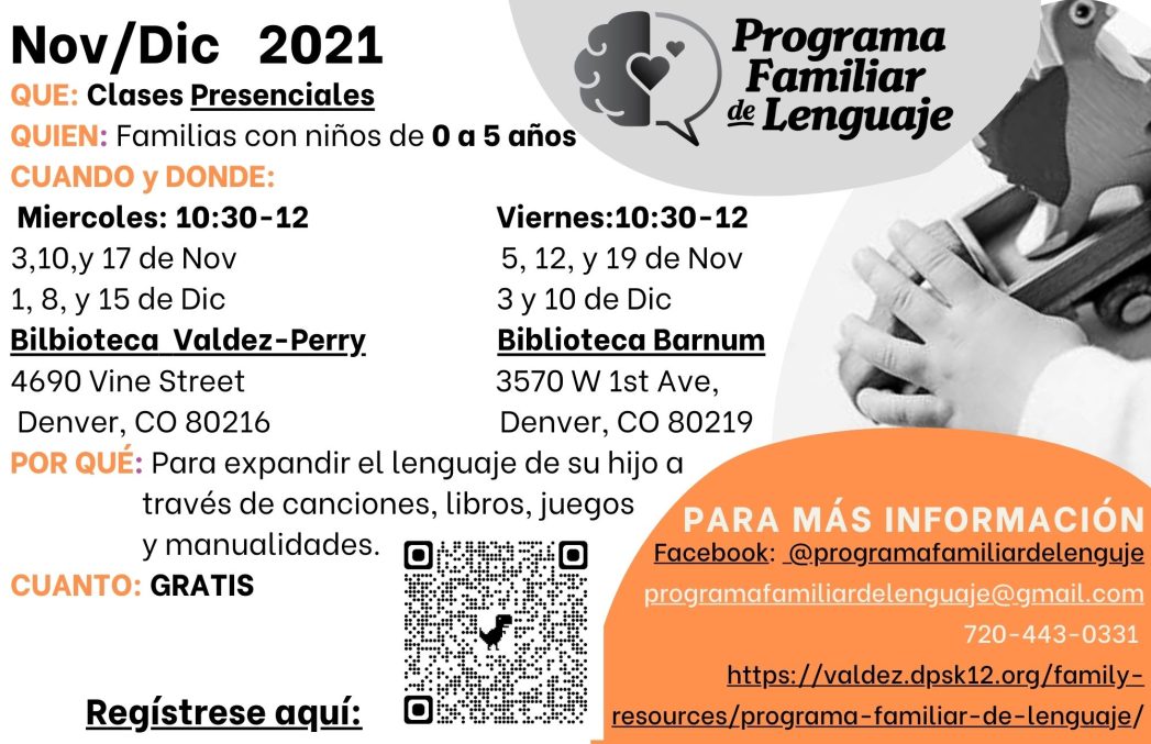 Flyer for the Family Language Program with information for the November/December in-person classes