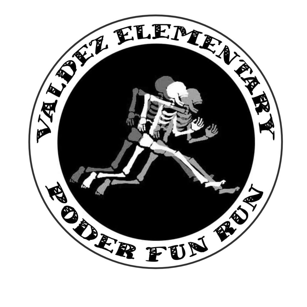 Fun Run round logo with text: "Valdez Elementary Poder Fun Run" and image of a skeleton and its shadow running.