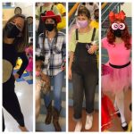 Picture collage of teachers dressed up for Halloween: a mouse, a cowgirl, a girl in overalls, and a PowerPuff girl