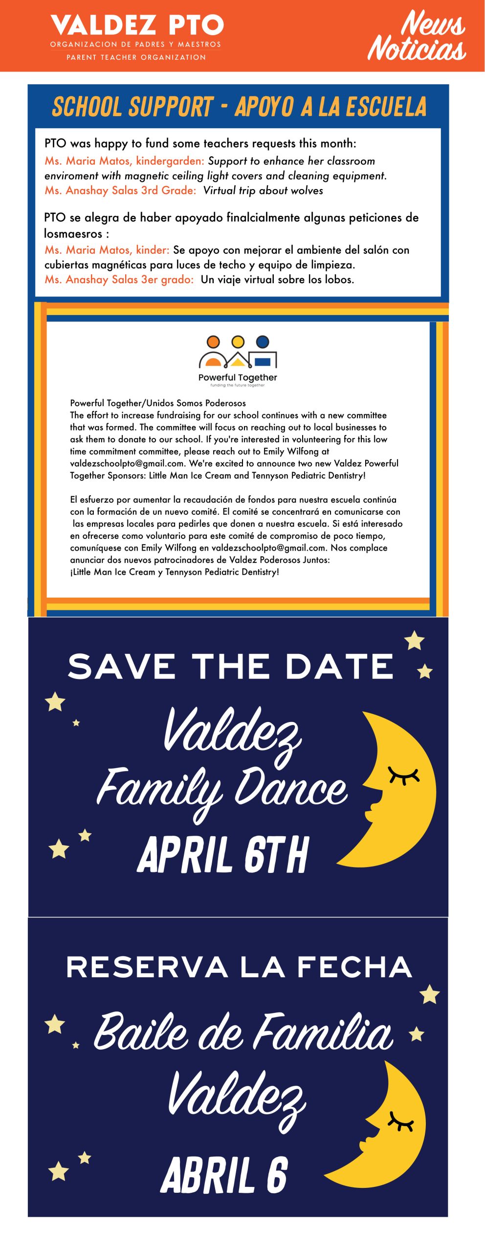 Orange top banner says, "Valdez PTO News/Noticias." Blue background with white text says, "Save the Date: Valdez Family Dance April 6th" and "Reserva la Fecha: Baile de Familia Valdez el 6 de abril."  