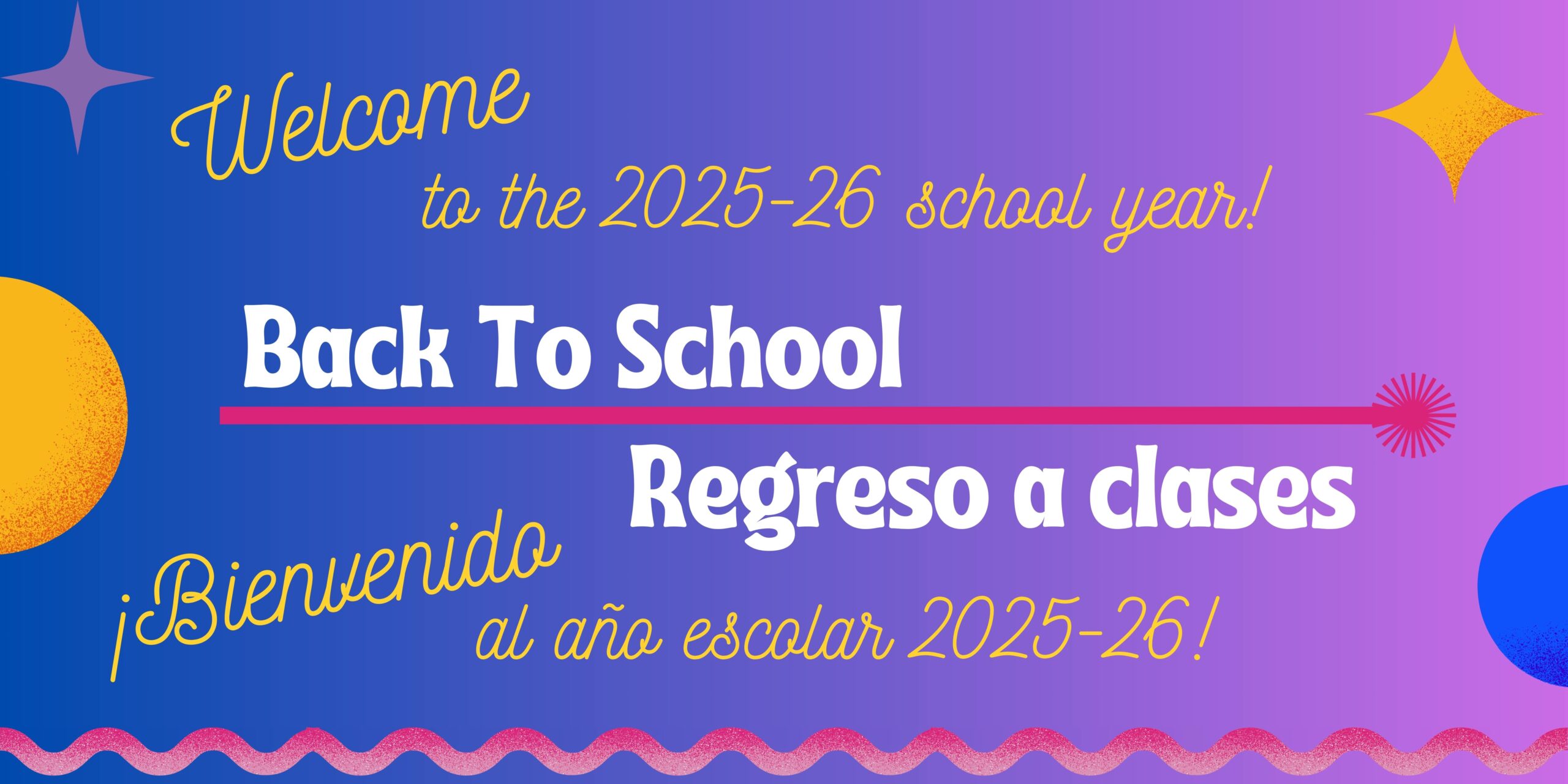 Purple background with yellow and white lettering saying, "Welcome to the 2025-26 school year! Back to School"