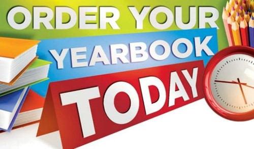 Green, blue, and red banners against white background with text, "Order Your Yearbook Today!"