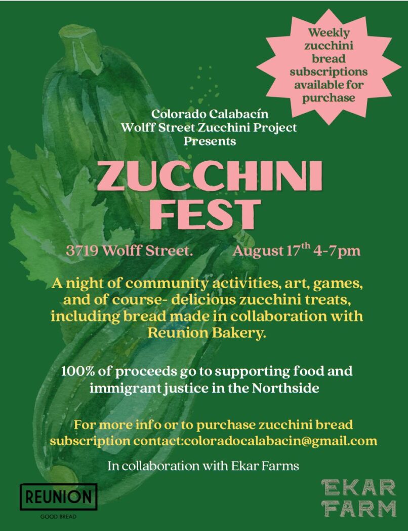 Green background with images of zucchini. Pink text says "Zucchini Fest."