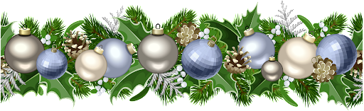Banner of green holly and pinecones with Christmas bulbs in gold and blue